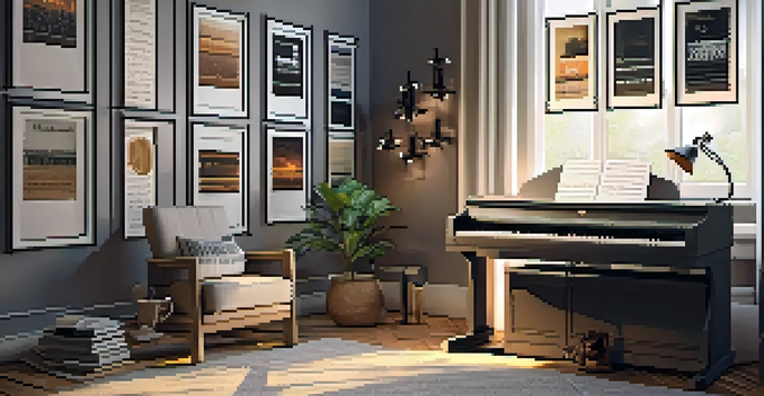 A cozy home music studio with a guitar, sheet music, and warm lighting, designed for active listening.