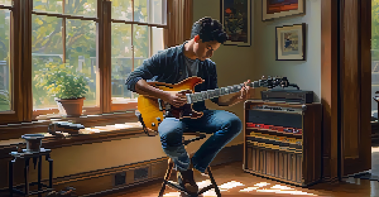 A guitarist sitting on a stool, adjusting the action on their electric guitar, with tools spread out on a table in a warm-lit indoor setting.