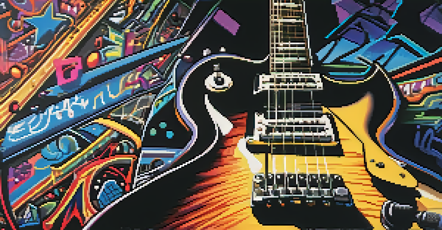 Close-up of an electric guitar and microphone on stage, illuminated by colorful spotlights, with artistic elements in the background.