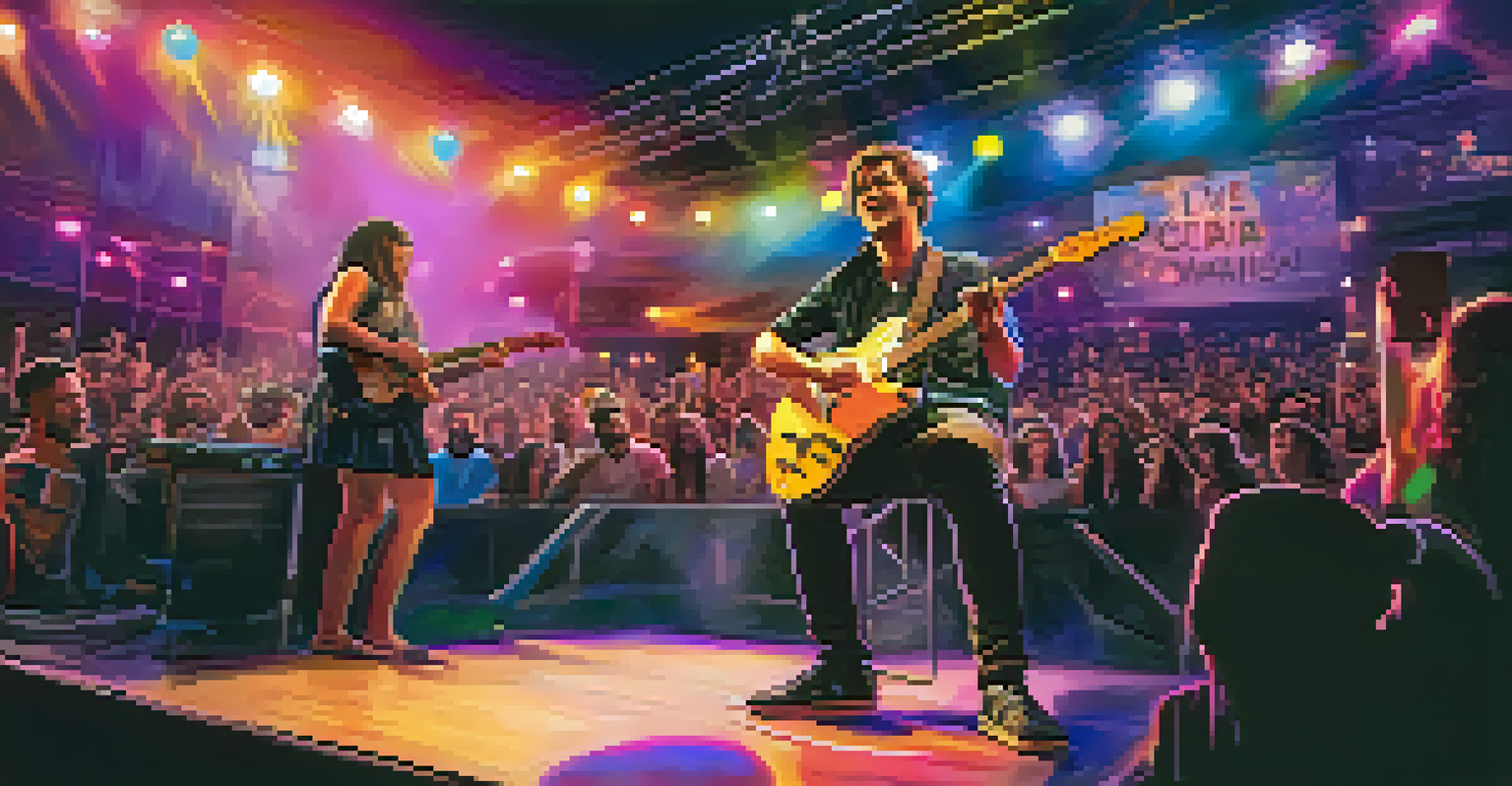 A guitarist performing live on stage with colorful lights and an enthusiastic audience.
