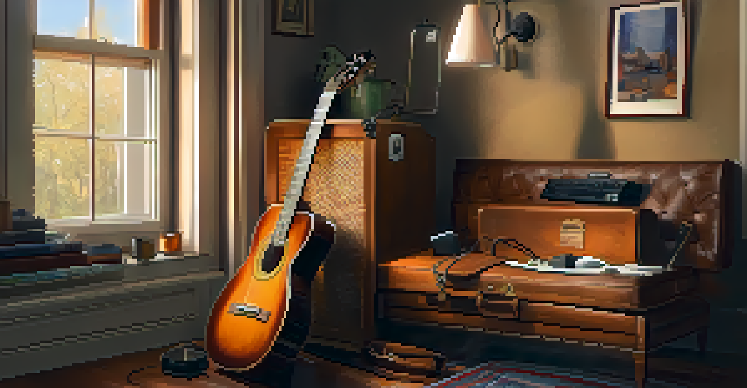 A guitarist placing a humidifier inside an open guitar case, with an electric guitar and hygrometer visible.