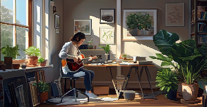 A person practicing guitar in a warm and inviting home workspace, with sunlight filtering through a window and various learning tools on the desk.