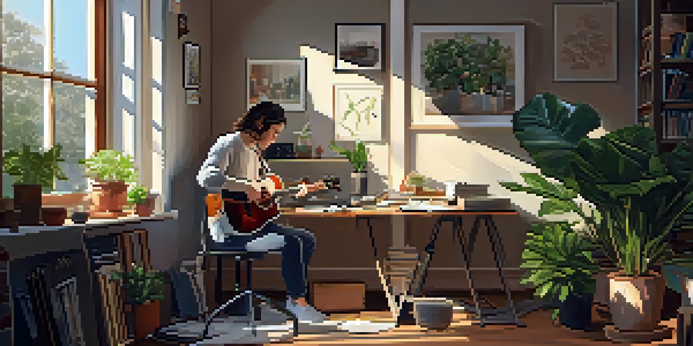 A person practicing guitar in a warm and inviting home workspace, with sunlight filtering through a window and various learning tools on the desk.