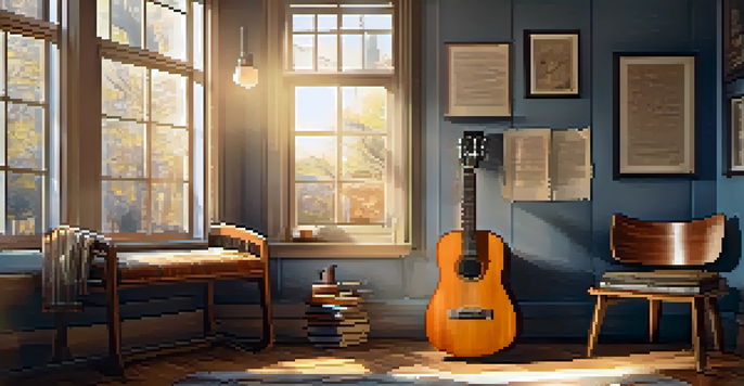 A vintage guitar on a wooden chair in a cozy room with sunlight filtering through the window, surrounded by music sheets and a cup of coffee.