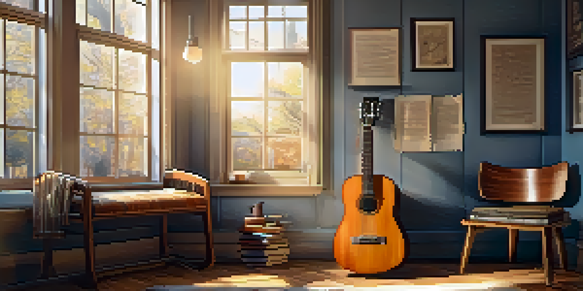 A vintage guitar on a wooden chair in a cozy room with sunlight filtering through the window, surrounded by music sheets and a cup of coffee.