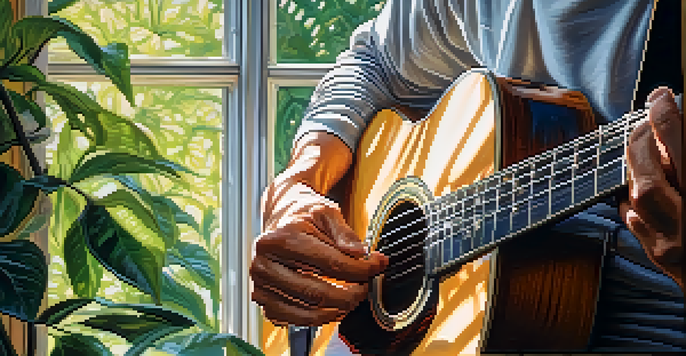 A guitarist's hands playing a C major chord on an acoustic guitar, with sunlight illuminating the scene.