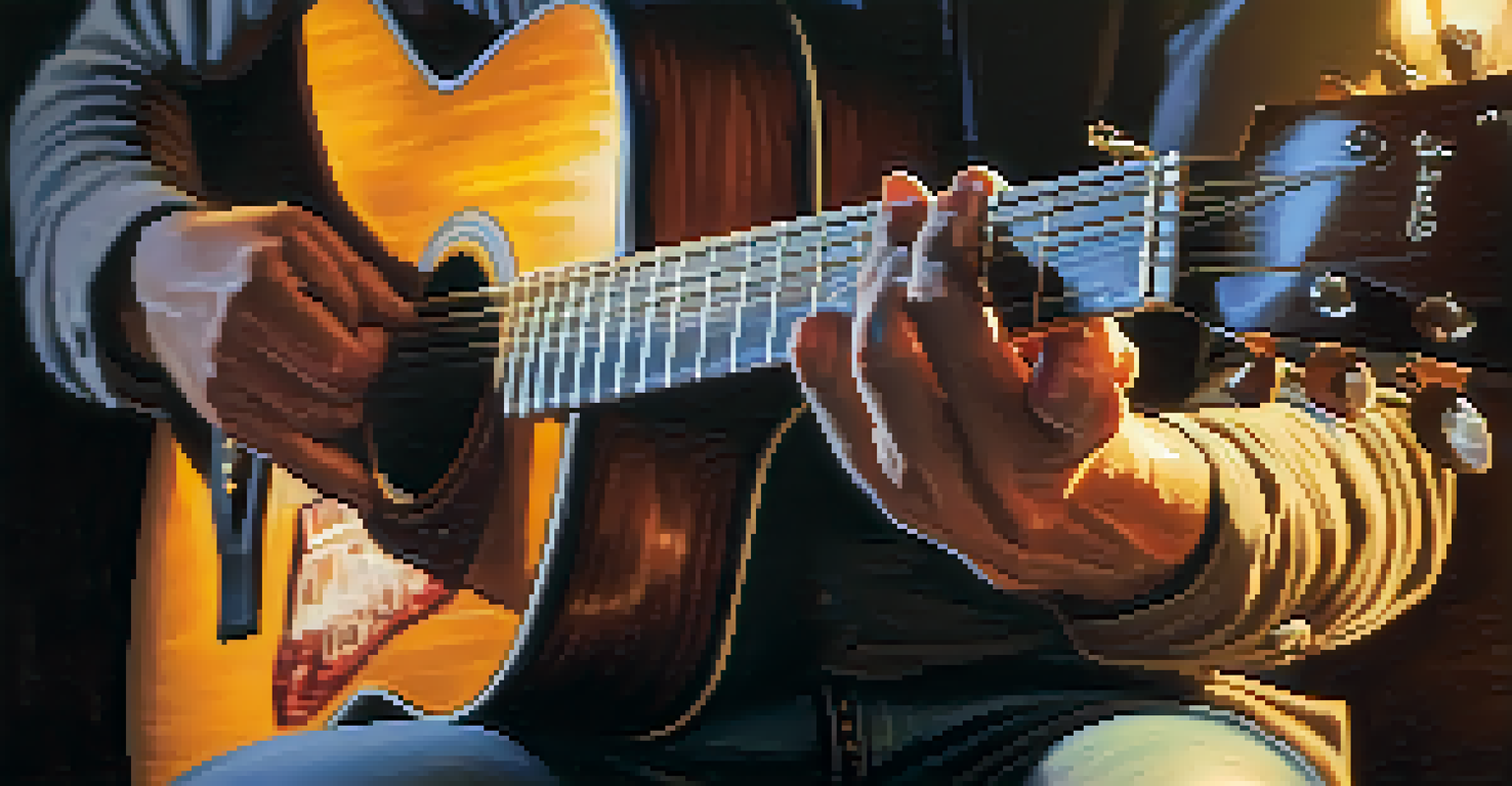 A close-up of a guitarist's hands playing an acoustic guitar, illuminated by warm light.