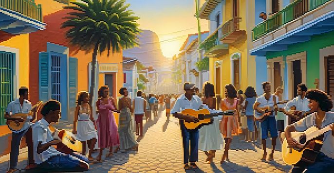 A lively street scene in Rio de Janeiro with musicians playing acoustic guitars, surrounded by a cheerful crowd and sunset lighting.