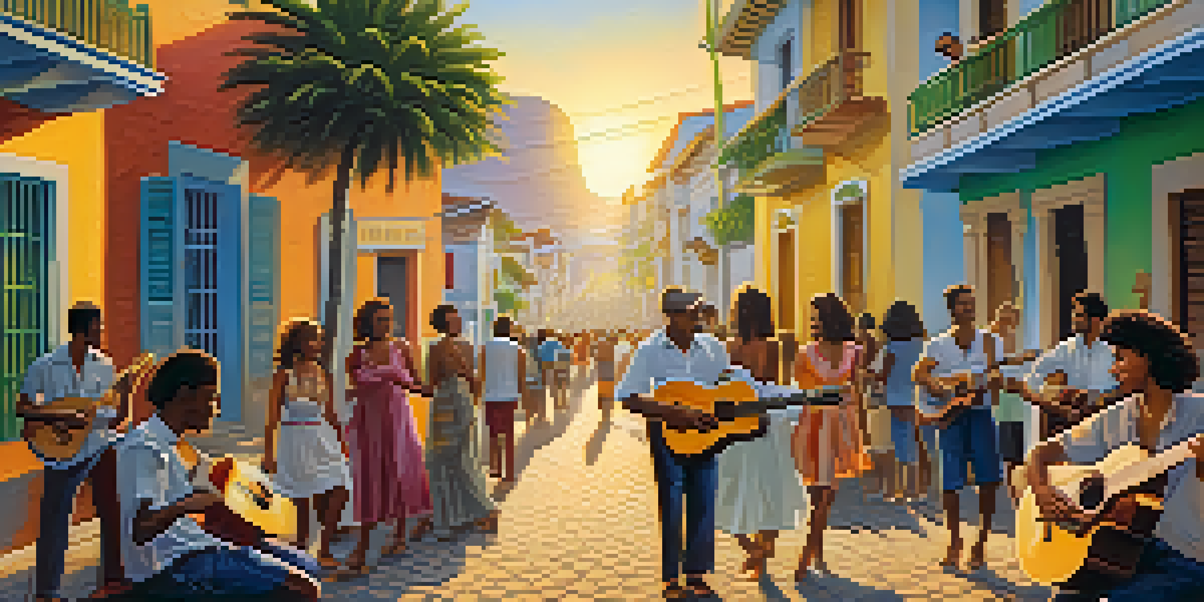 A lively street scene in Rio de Janeiro with musicians playing acoustic guitars, surrounded by a cheerful crowd and sunset lighting.