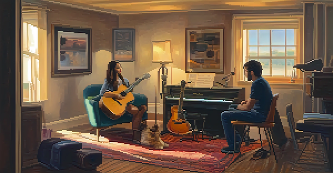 A guitarist and vocalist collaborating in a cozy studio, surrounded by musical instruments, warm lighting, and scattered sheet music.