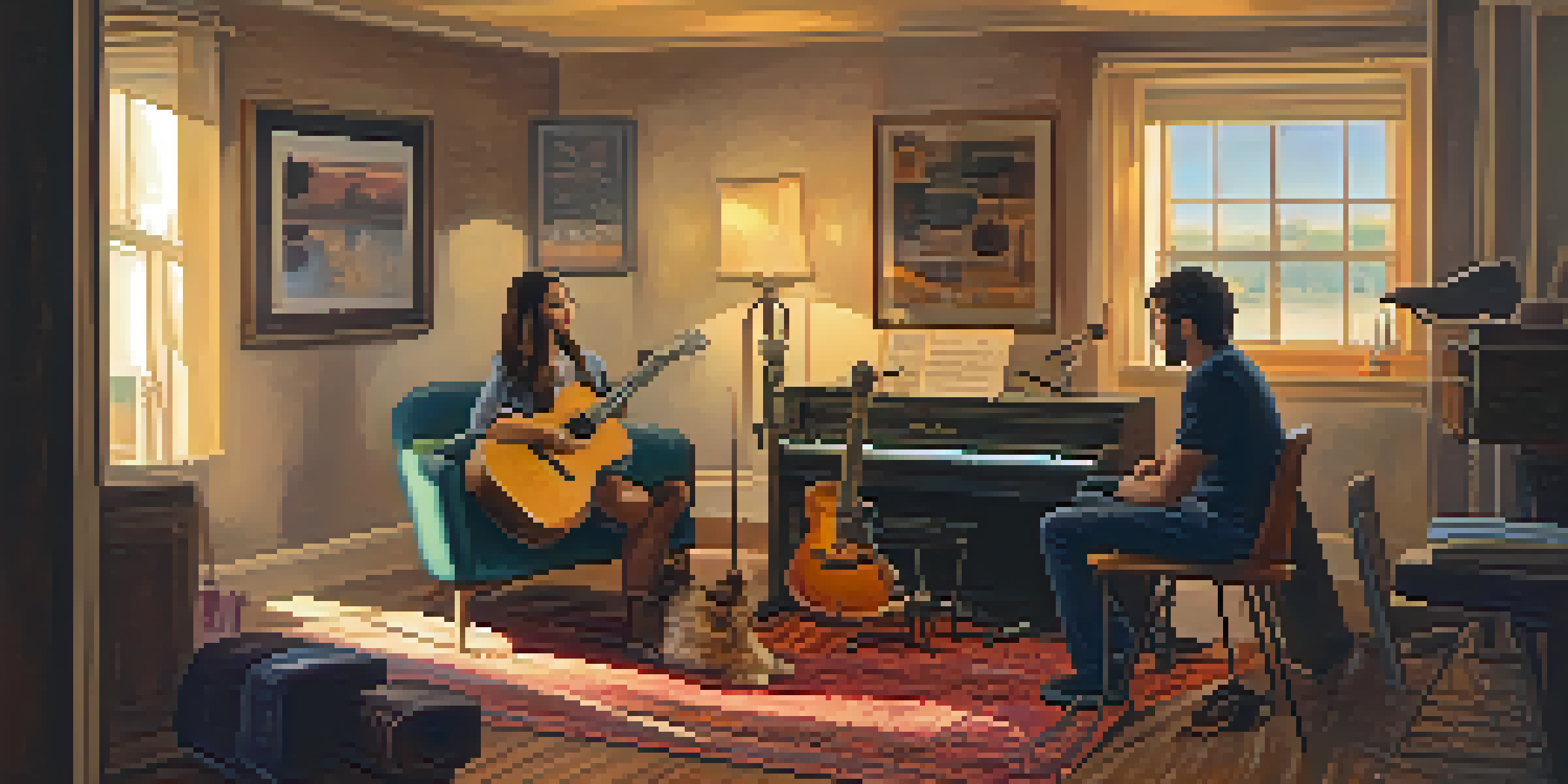 A guitarist and vocalist collaborating in a cozy studio, surrounded by musical instruments, warm lighting, and scattered sheet music.