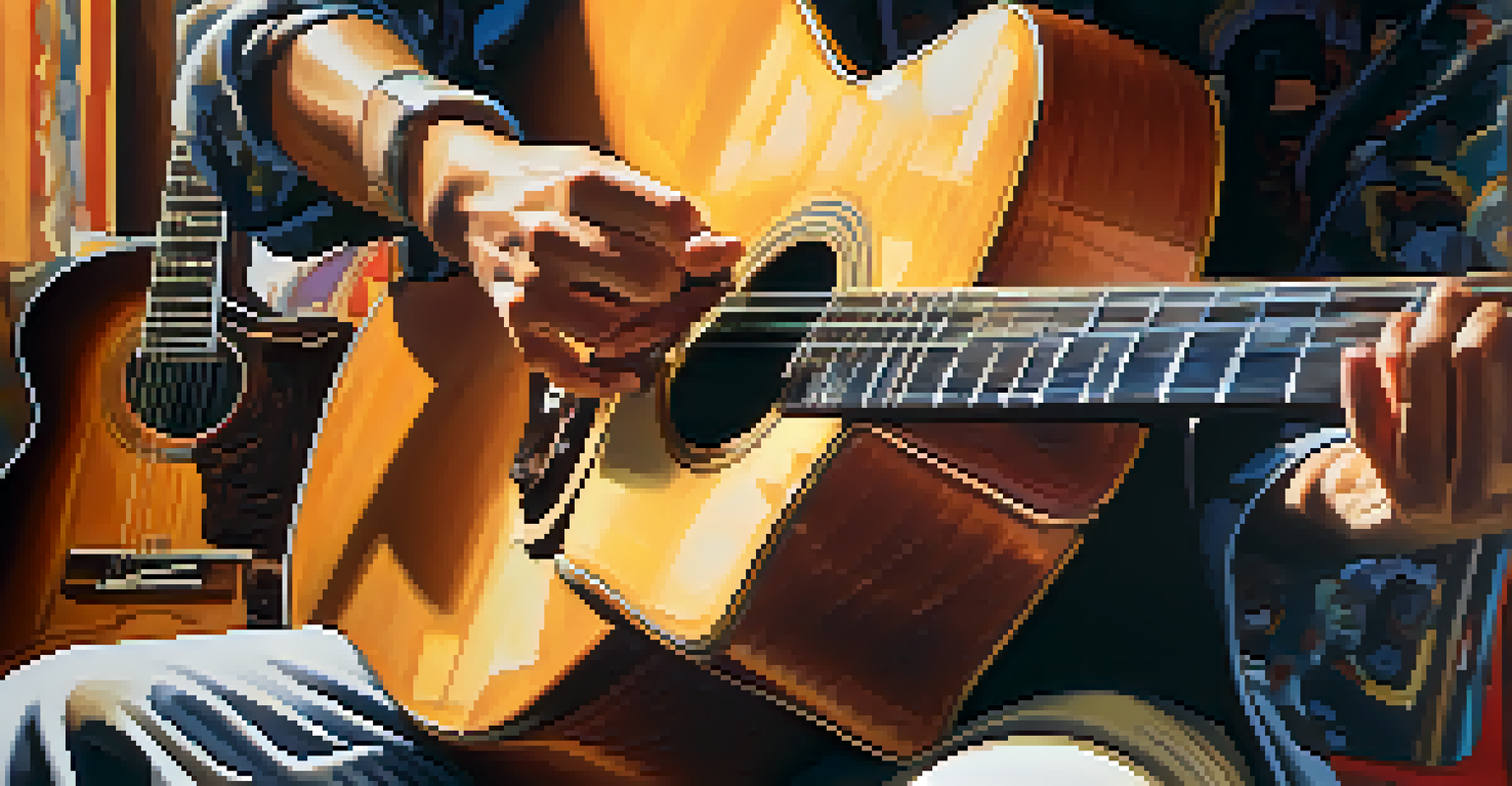 A close-up of a guitarist's hands blending different genres in a cozy room filled with musical instruments.