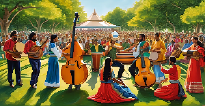 A group of diverse musicians performing with traditional instruments in a sunny park, surrounded by greenery and flowers.