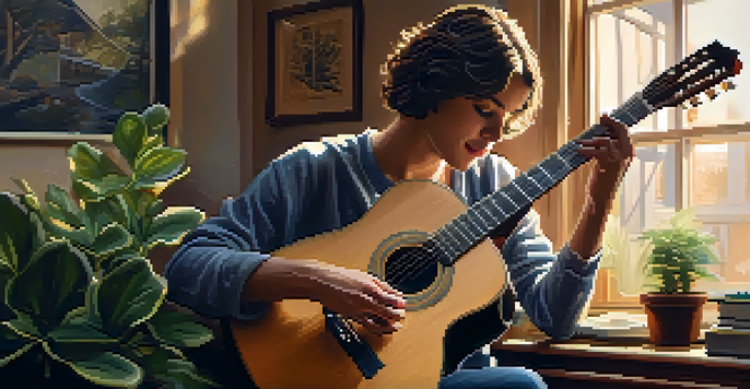 A person playing an acoustic guitar in a cozy room, showcasing their fingers on the fretboard and warm lighting.
