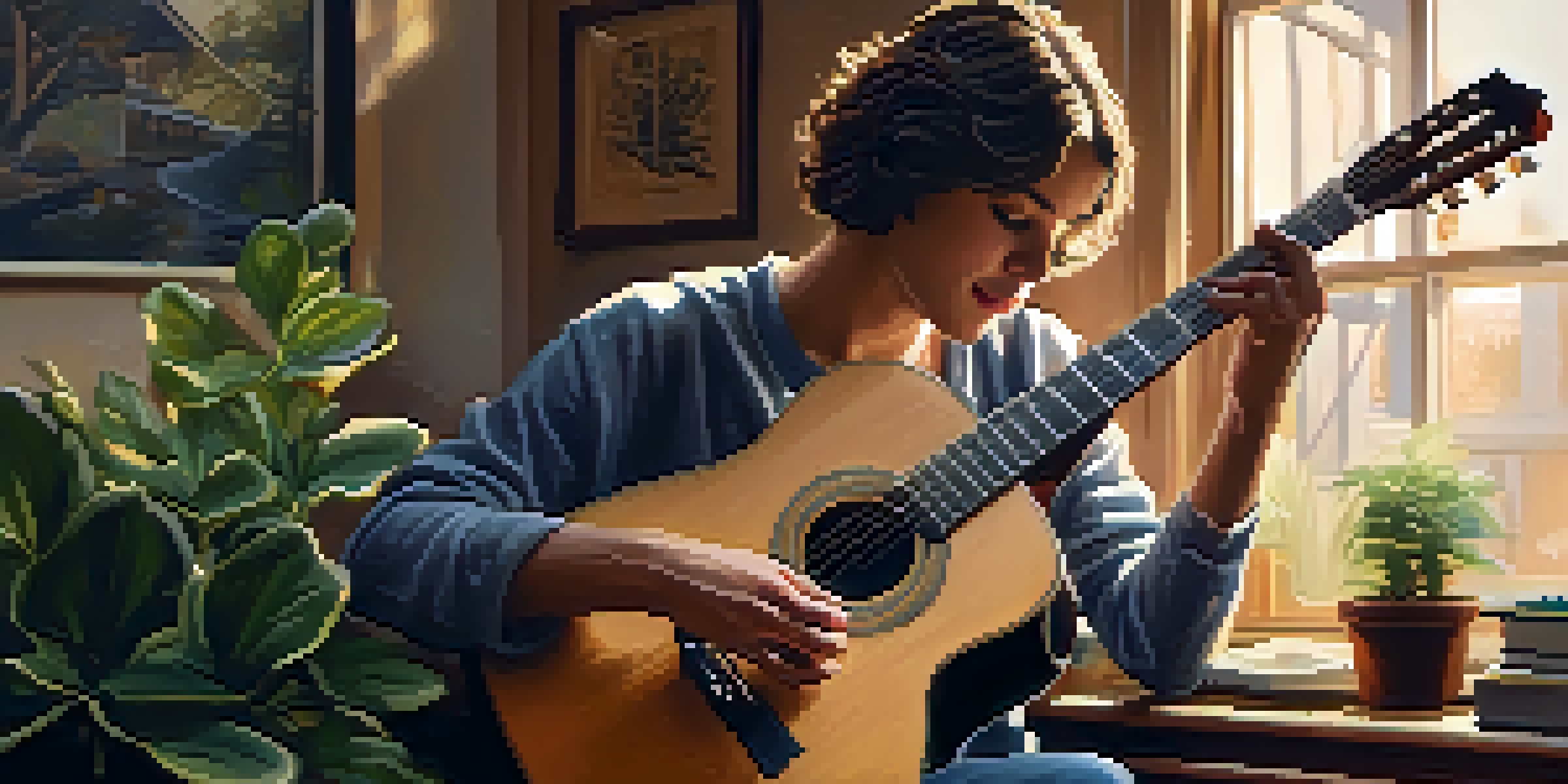 A person playing an acoustic guitar in a cozy room, showcasing their fingers on the fretboard and warm lighting.