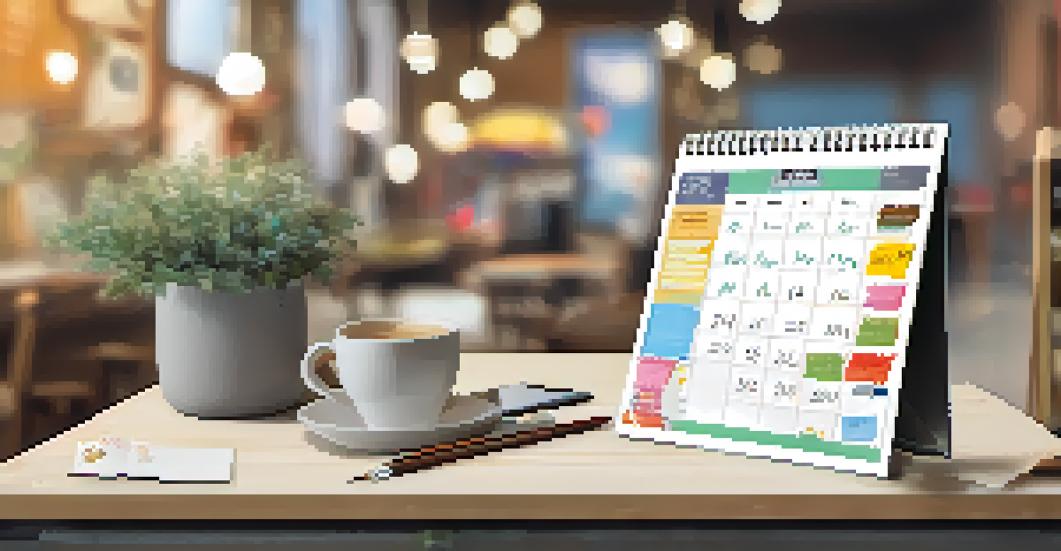 A colorful calendar filled with event stickers, set against a bright workspace featuring a cup of coffee and a notepad for planning live streams.
