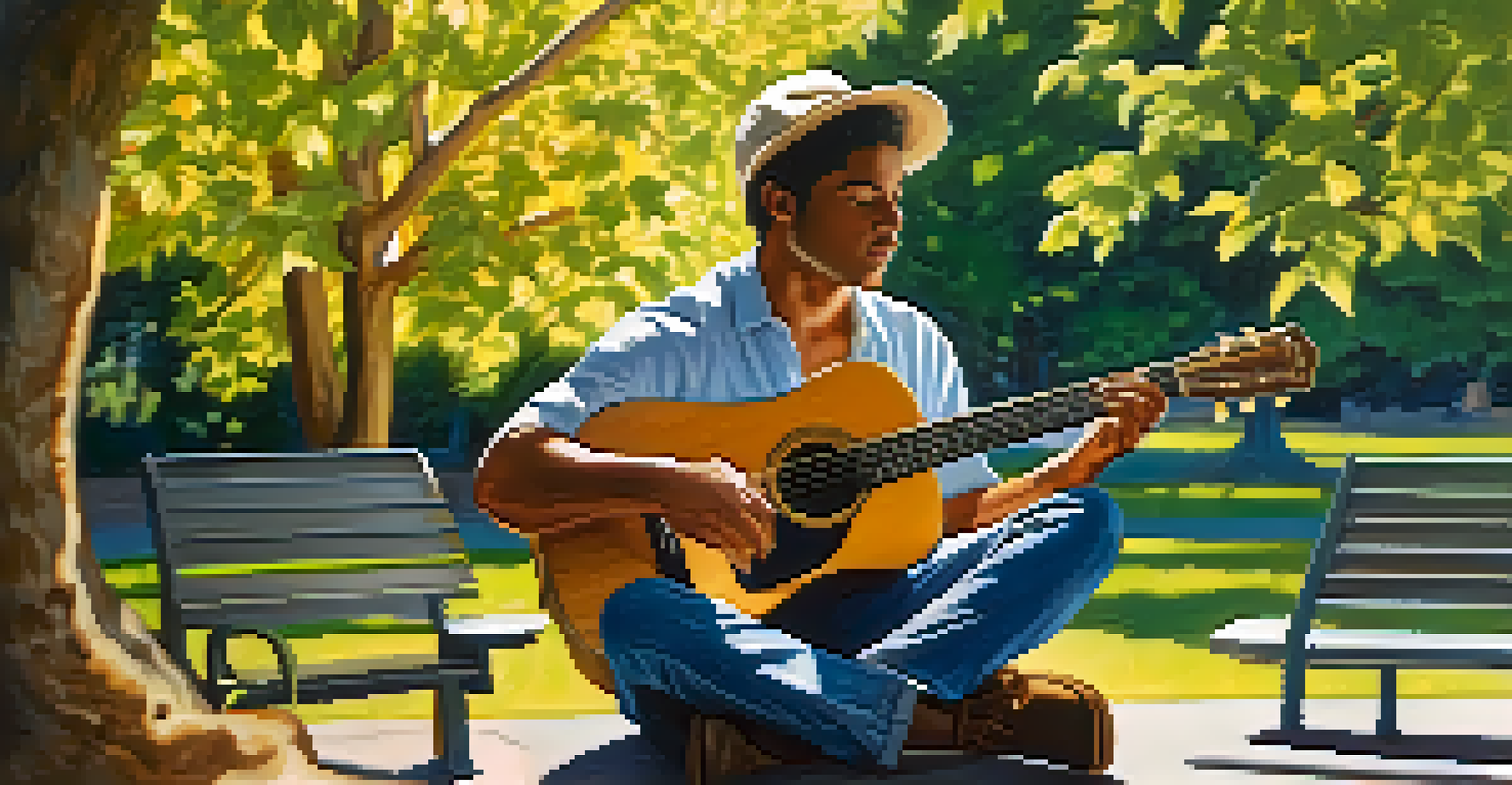A musician with an acoustic guitar sitting on a park bench, surrounded by nature and sunlight.