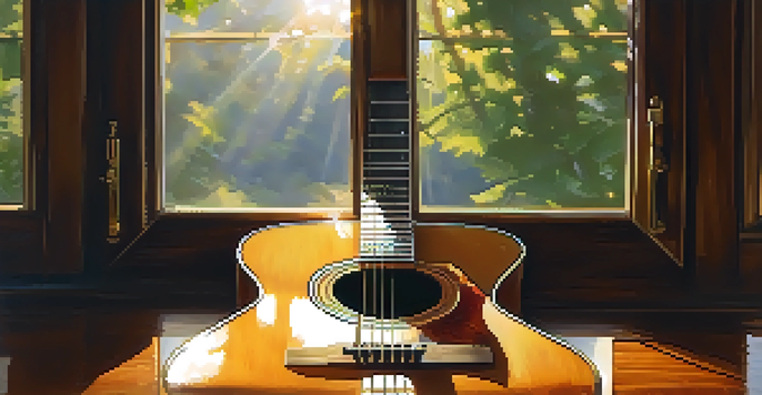 A close-up of an acoustic guitar on a wooden table with sunlight shining on it, surrounded by a soft-focus green background.