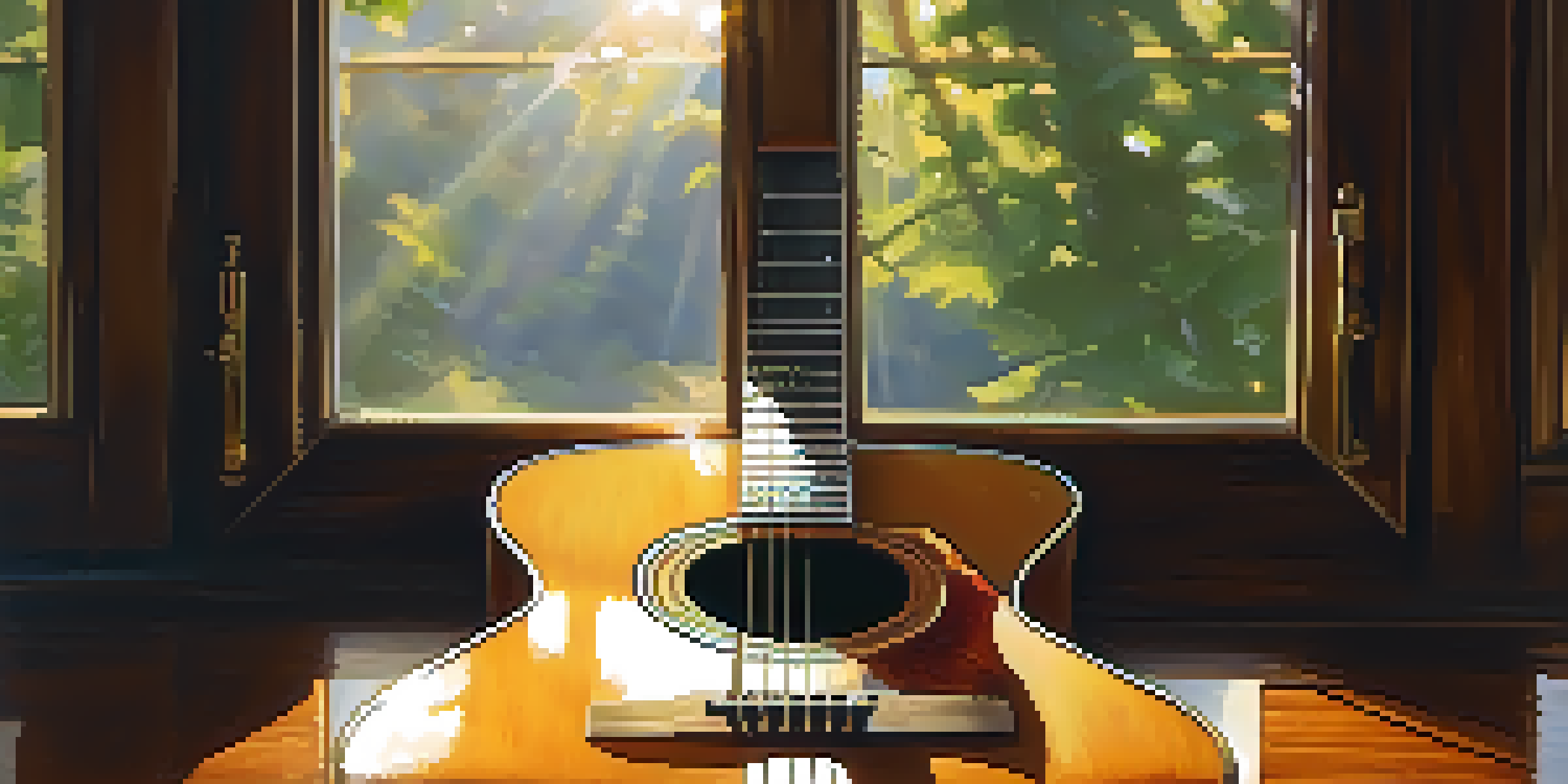 A close-up of an acoustic guitar on a wooden table with sunlight shining on it, surrounded by a soft-focus green background.