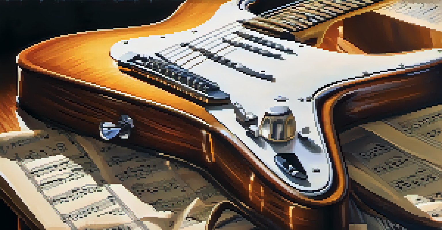 A vintage electric guitar with a sunburst finish on a music stand, surrounded by sheet music under soft warm lighting.