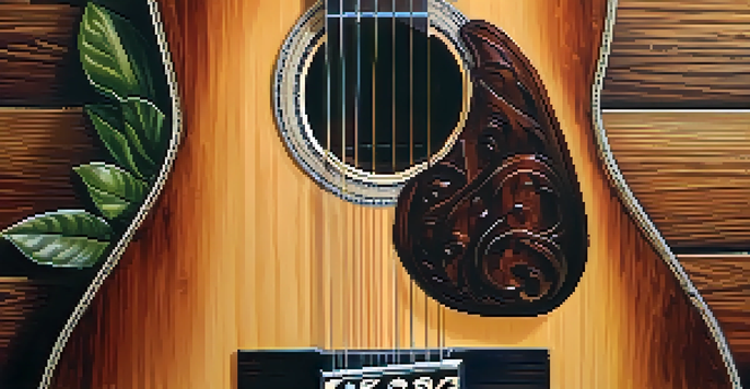 A close-up view of an acoustic guitar against a wooden background, emphasizing its details and craftsmanship.