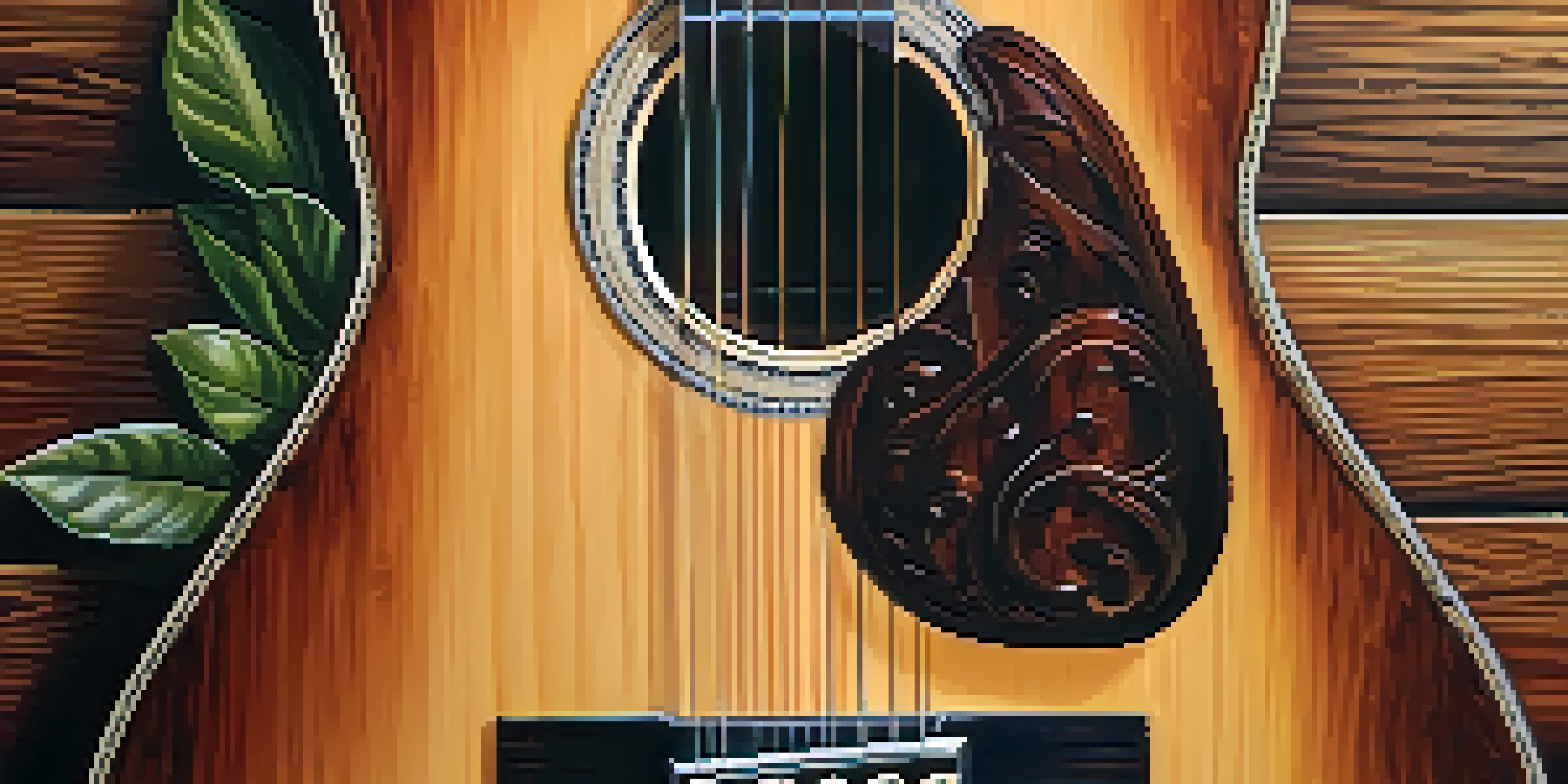 A close-up view of an acoustic guitar against a wooden background, emphasizing its details and craftsmanship.
