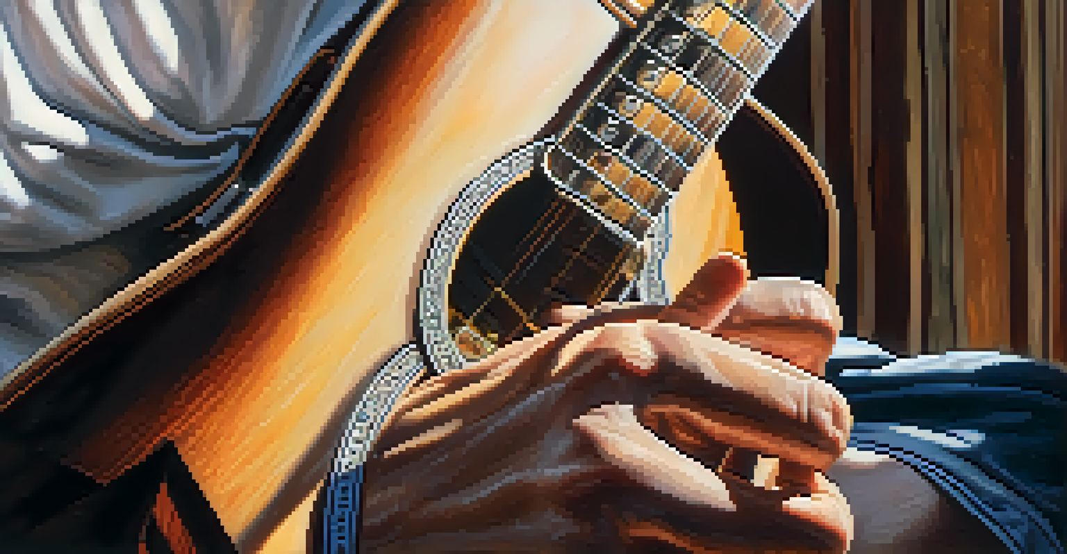 A close-up of a guitarist's hands on the fretboard with a metronome and soft sunlight.