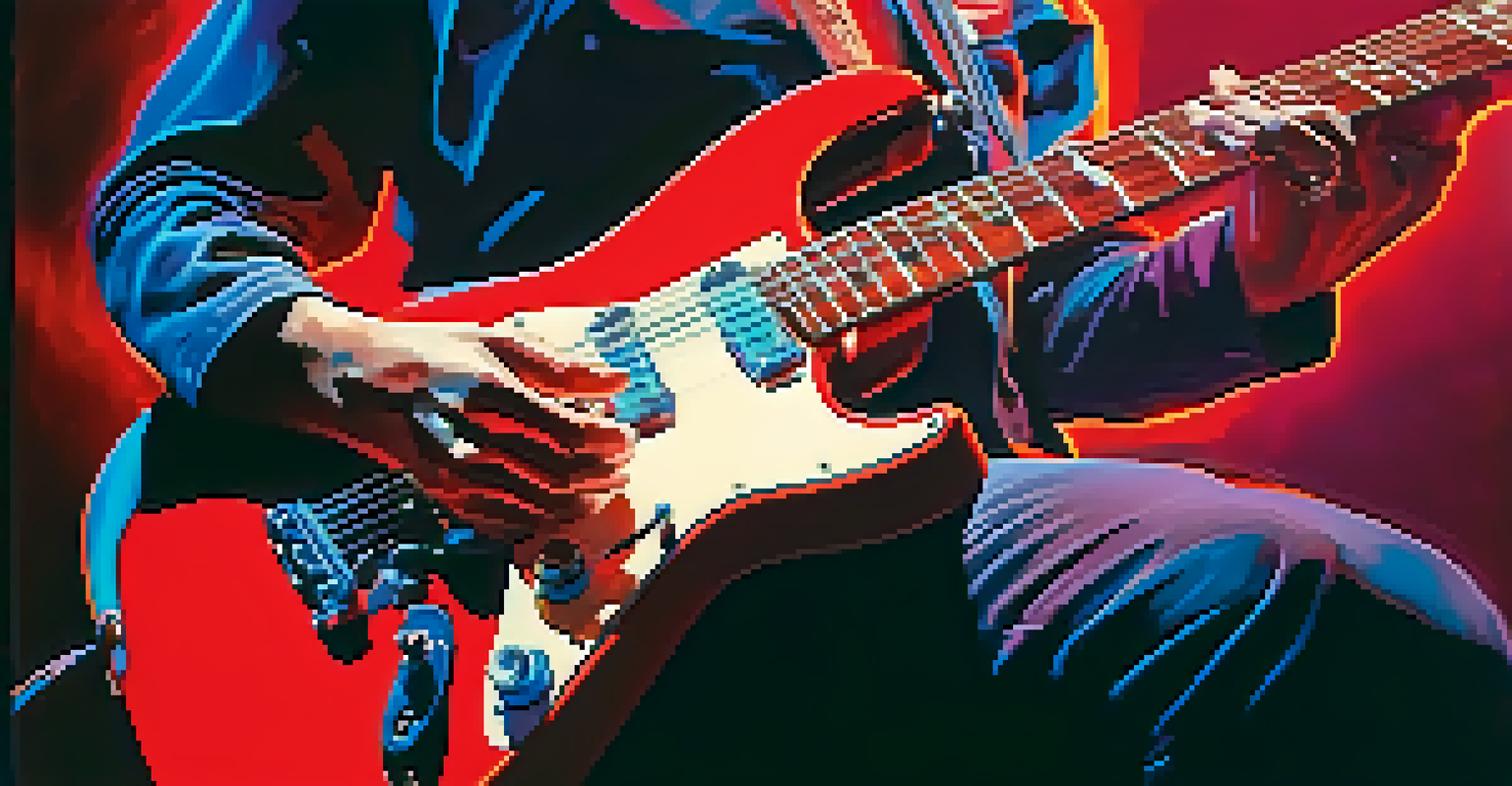 Close-up of hands playing a red electric guitar on stage with colorful lights illuminating the scene.