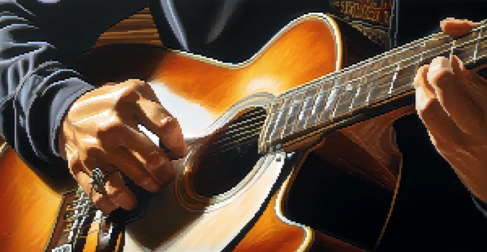 A close-up image of a guitarist's hands strumming a guitar, with a blurred background and warm lighting highlighting the guitar's texture.