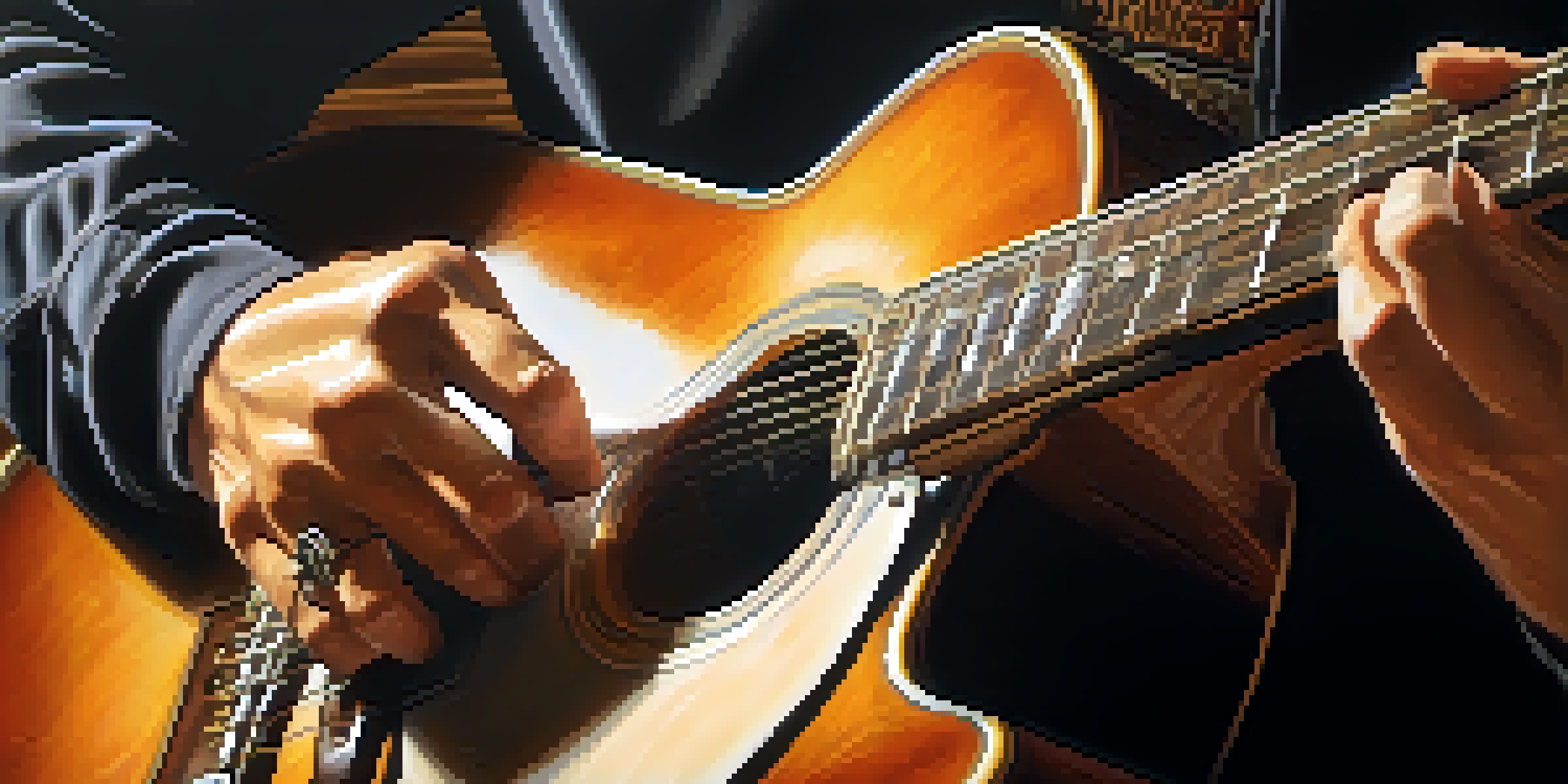 A close-up image of a guitarist's hands strumming a guitar, with a blurred background and warm lighting highlighting the guitar's texture.