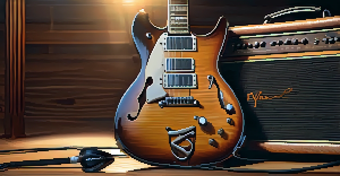 A vintage electric guitar leaning against a wooden amplifier, with warm lighting and a blurred music studio background.