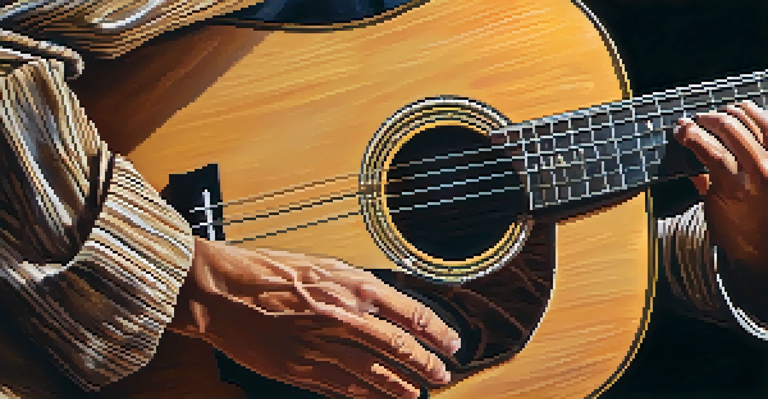 Close-up of a guitarist's hands playing a vintage acoustic guitar, highlighting finger placements and the textural details of the instrument in a warm-lit setting.