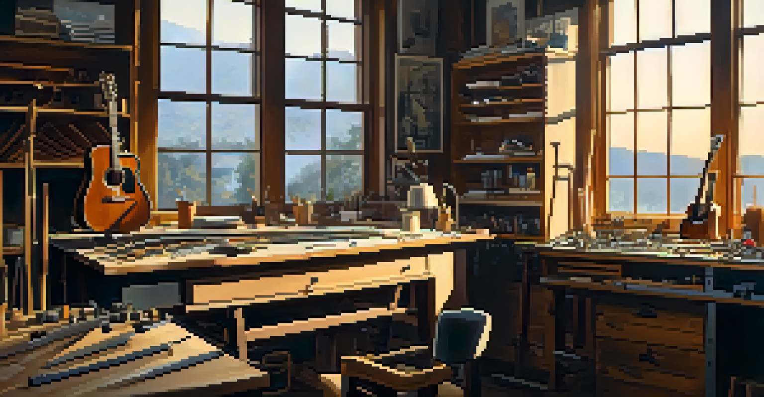 An artist's workshop showing different guitar bridges on a workbench, with tools and warm light creating a cozy atmosphere.