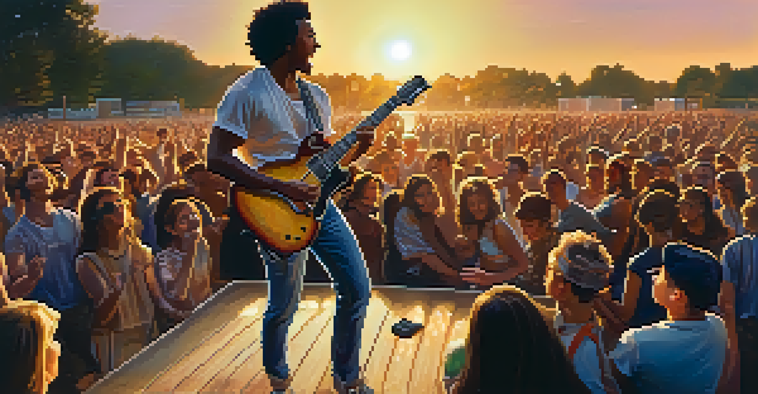 A guitarist performing on stage during sunset, with an excited audience in front, captured in a vibrant and lively atmosphere.