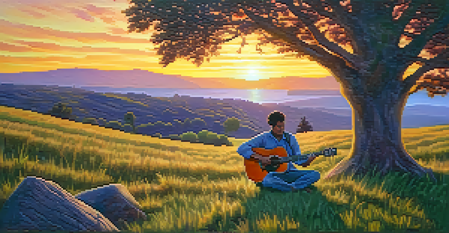 A guitarist sitting on a grassy hill at sunset, strumming an acoustic guitar in a serene outdoor setting.
