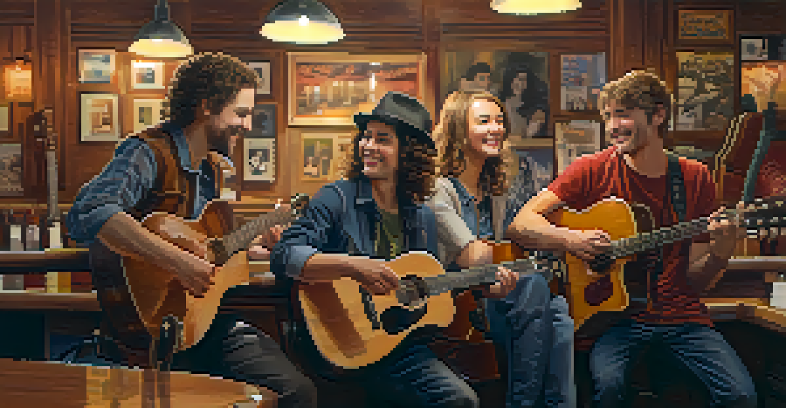 A group of musicians enjoying camaraderie in a cozy café after a guitar competition, surrounded by musical memorabilia.