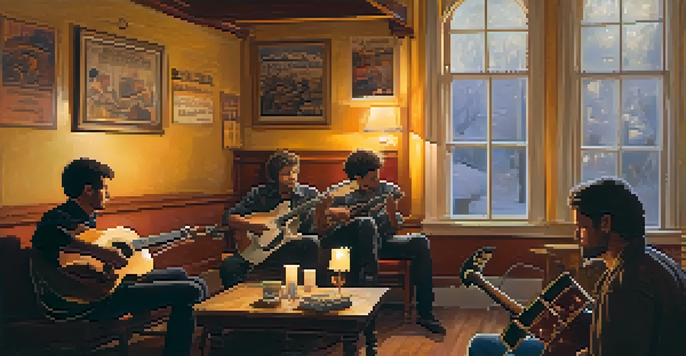 A guitarist and drummer engaged in a lively jam session in a warm, cozy room filled with music posters and soft yellow lighting.