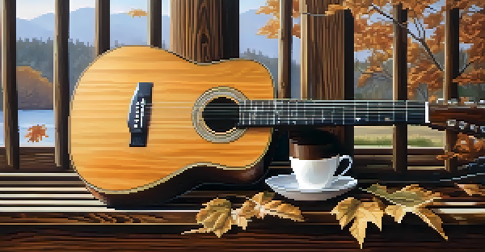 A close-up of a vintage acoustic guitar on a weathered wooden porch with morning light, surrounded by leaves and a cup of coffee.