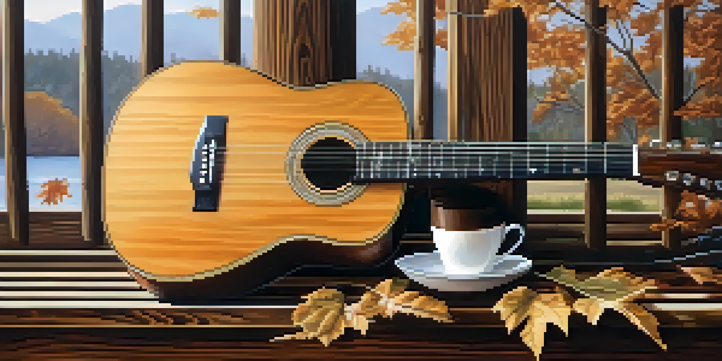 A close-up of a vintage acoustic guitar on a weathered wooden porch with morning light, surrounded by leaves and a cup of coffee.