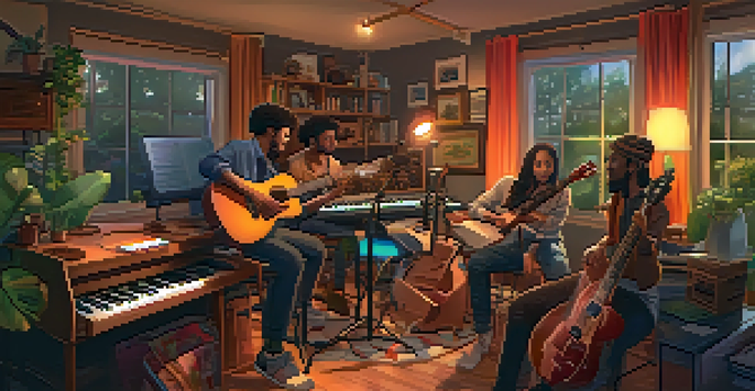 A group of diverse musicians collaborating in a cozy home studio, discussing music with various instruments and warm lighting.