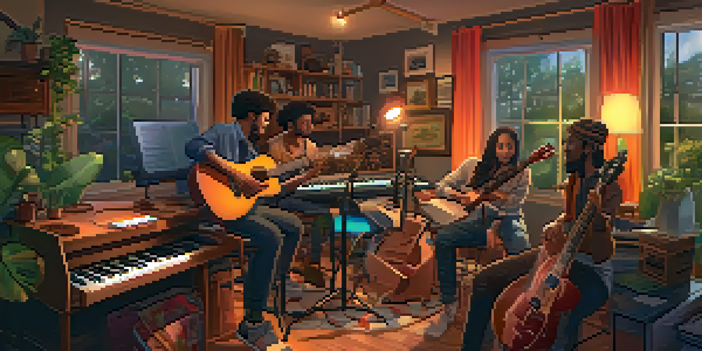 A group of diverse musicians collaborating in a cozy home studio, discussing music with various instruments and warm lighting.