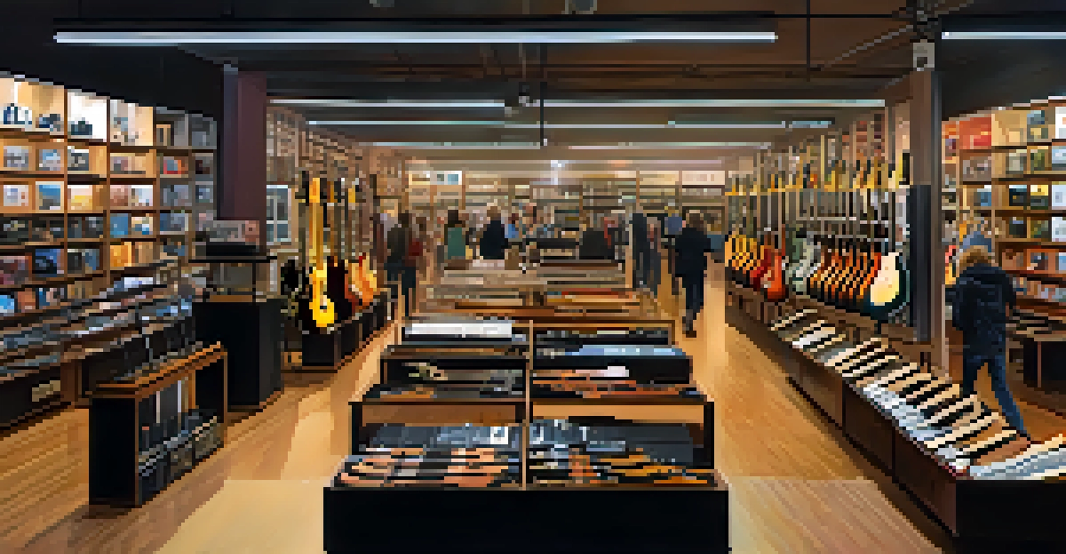 A music store with various electric guitars on display, shoppers trying them out, and warm lights creating a lively atmosphere.
