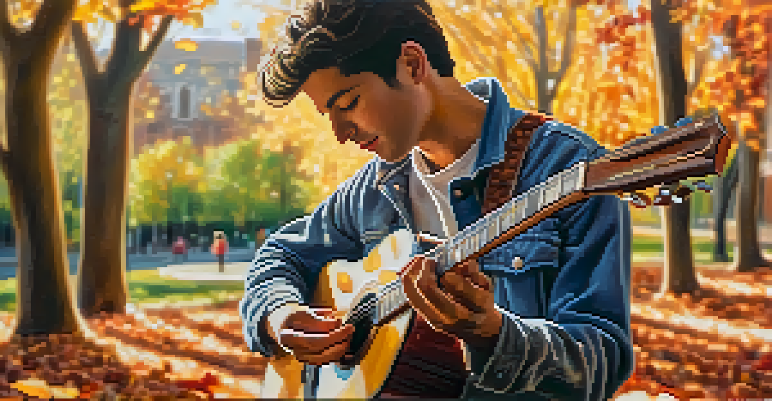 A musician strumming an acoustic guitar in a sunny park filled with autumn leaves.