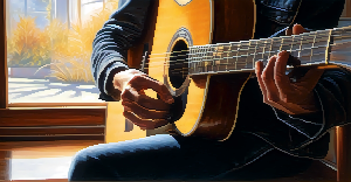 A guitarist's hands playing an acoustic guitar, with warm lighting highlighting the instrument's texture and the musician's concentration.
