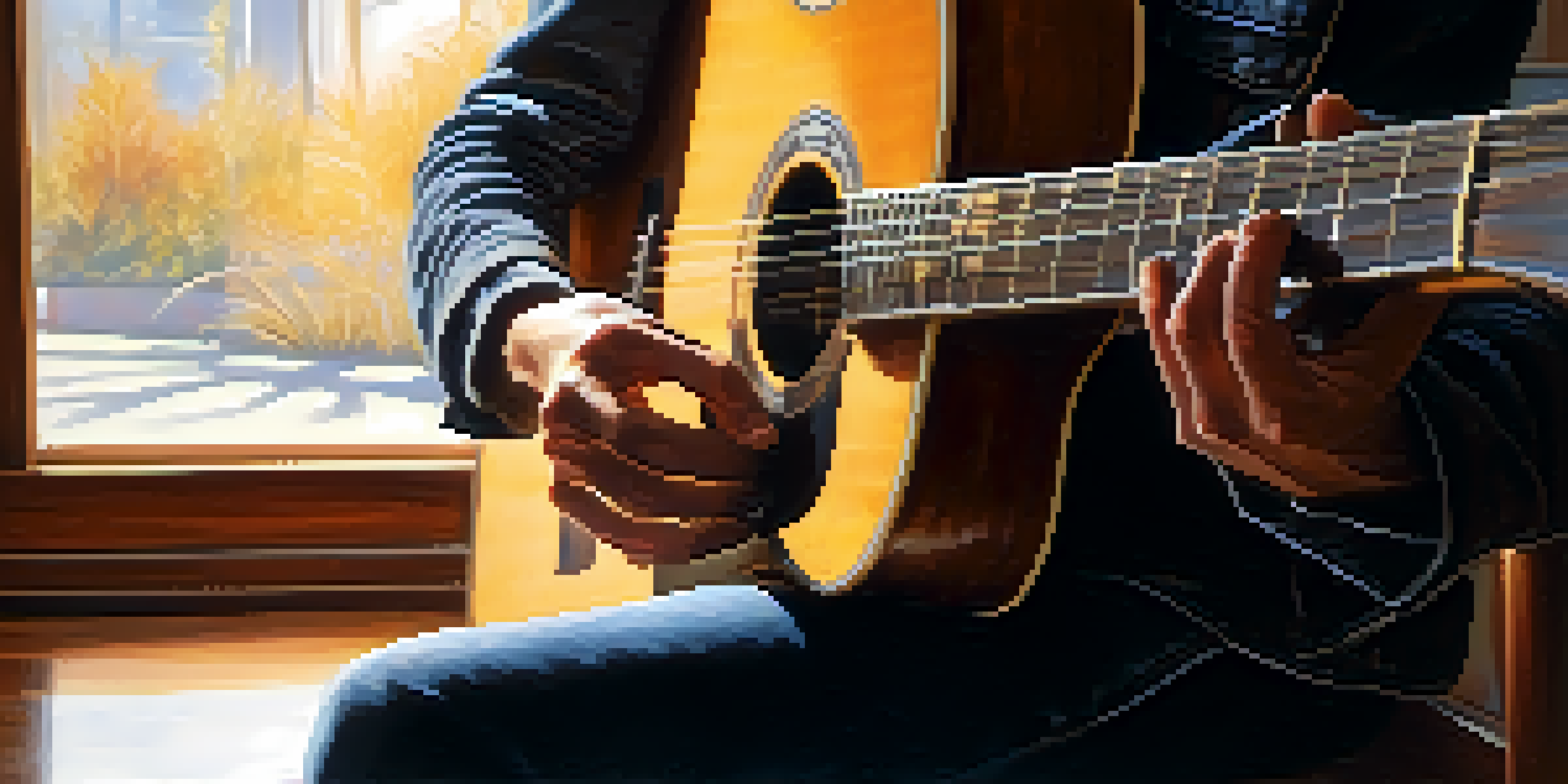 A guitarist's hands playing an acoustic guitar, with warm lighting highlighting the instrument's texture and the musician's concentration.