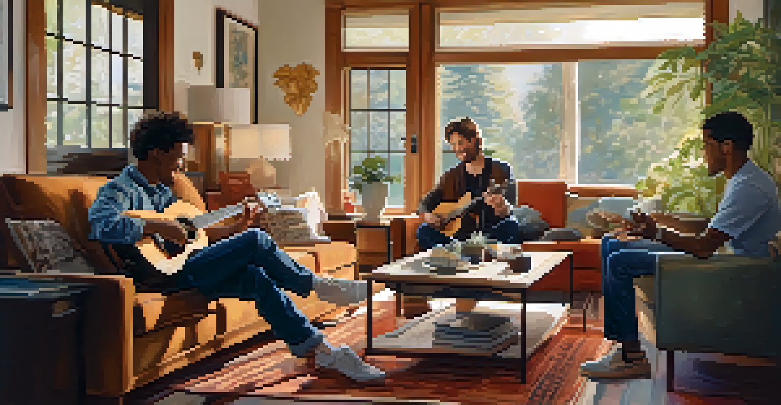A guitarist practicing in a cozy living room with supportive friends clapping and smiling, natural light filtering through the window.