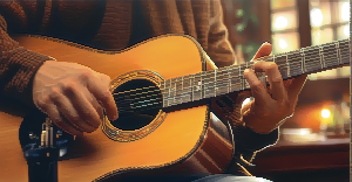 A close-up of a guitarist's hands playing an acoustic guitar using fingerpicking technique, with soft lighting highlighting the strings and fingers.