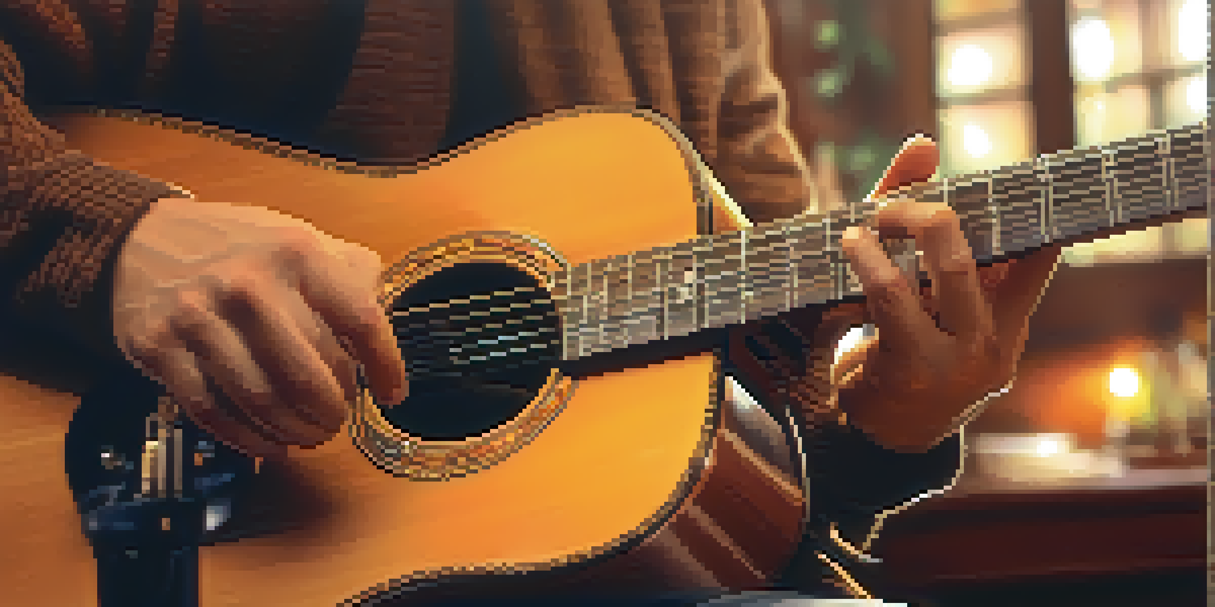 A close-up of a guitarist's hands playing an acoustic guitar using fingerpicking technique, with soft lighting highlighting the strings and fingers.