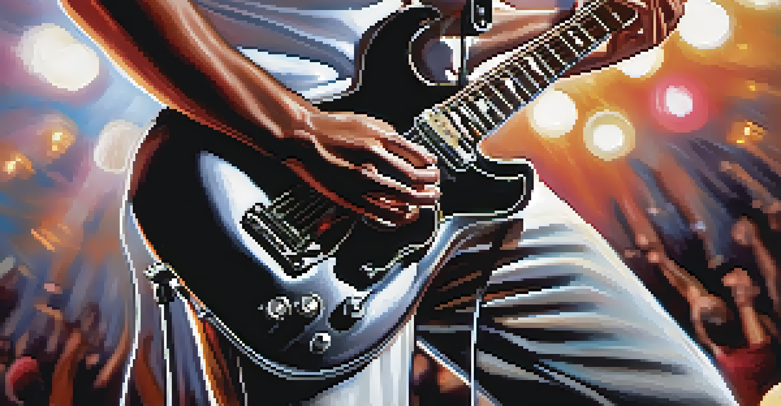 A musician's hands playing an electric guitar with a distortion pedal, set against a blurred background of concert lights.
