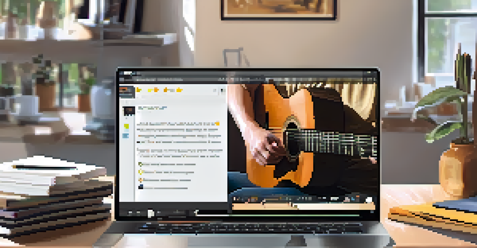 An online guitar lesson with a laptop showing an instructor, a student strumming an acoustic guitar, and a bright workspace.